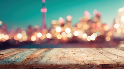 Naklejka premium City skyline view from a wooden table at dusk in Toronto's waterfront area