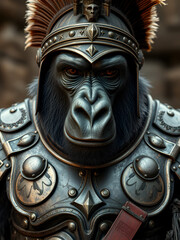 Obraz premium A close-up of a gorilla in Roman gladiator armor, intricate detailing on the breastplate and helmet, intense look