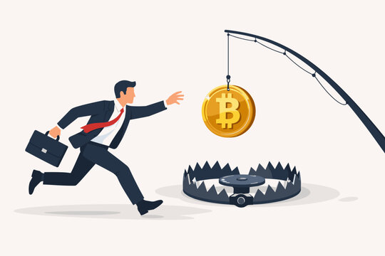 Businessman chasing a gold Bitcoin coin hanging from a fishing rod over a bear trap, symbolizing cryptocurrency fraud, financial scams, investment risks, and the dangers of digital money traps.