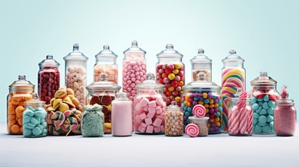 An irresistible collection of candies fills an array of glass jars, promising a delightful burst of color and sweetness.