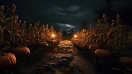 Follow the pumpkin-lined path into a mysterious, lantern-lit cornfield on a dark Halloween night.