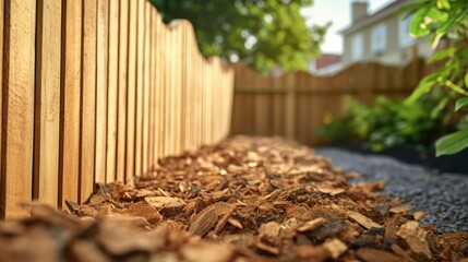 Natural textures and warm sunlight define a peaceful suburban garden boundary, hinting at home and horticulture.