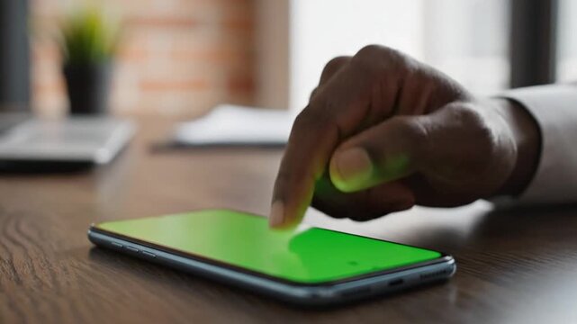 A close-up shot of a person's hand tapping on a smartphone with a green screen lying on a wooden desk in an office setting.