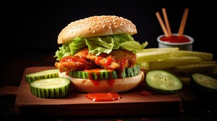 A delectable fried chicken sandwich, bursting with fresh flavors and savory sauce, stands ready for a satisfying meal.