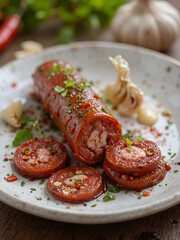 half of smoked cervelat pepperoni sausage with garlic and chili