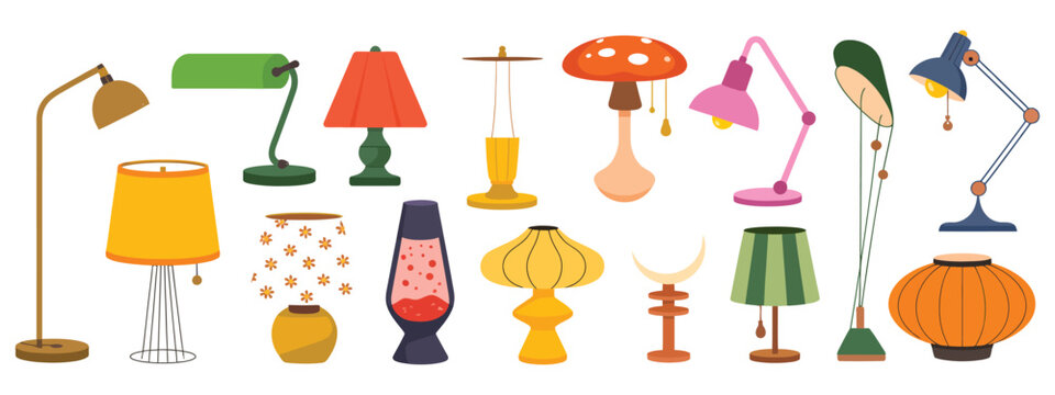 table lamps collection, stylish modern and vintage inspired electric lighting decor for bedroom bedside tables and office desks, detailed lampshade designs in flat vector illustration isolated on whit