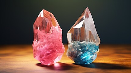 Two luminous crystals, one in vibrant pink and the other in clear blue, stand as a testament to nature's colorful artistry.