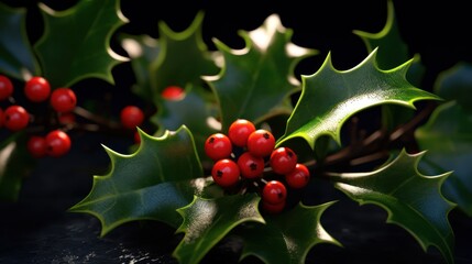 Festive holly berries glow against deep green leaves, signaling the joy of the season.
