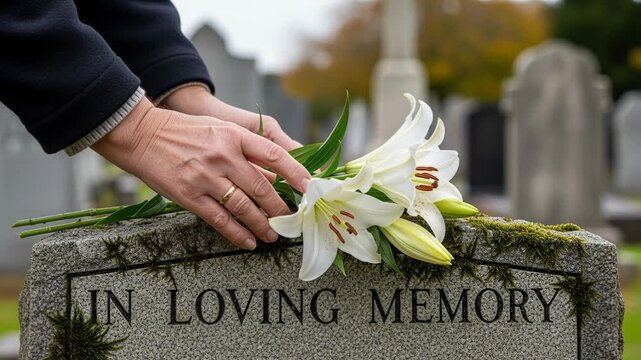 Hands Place White Lilies on Gravestone 'In Loving Memory' in somber Cemetery