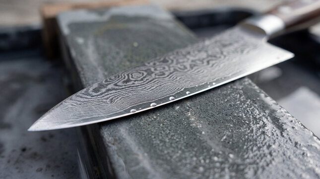 Professional Damascus steel knife with intricate wave patterns resting on a wet whetstone for sharpening and maintenance