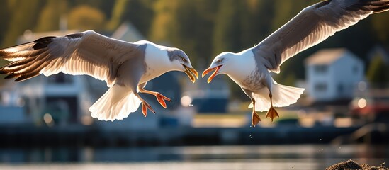A vibrant mid-air confrontation unfolds between two squawking seagulls, bathed in the dramatic glow of golden hour.