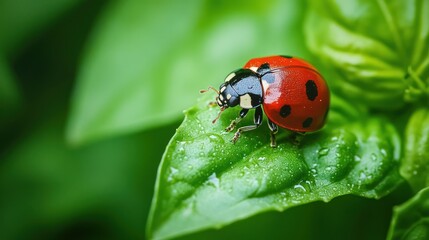 Obraz premium Close-up of a Ladybug on a Green Leaf.
