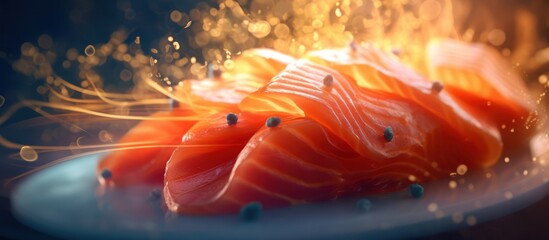 Experience the luminous freshness of gourmet seafood, presented with a magical glow.