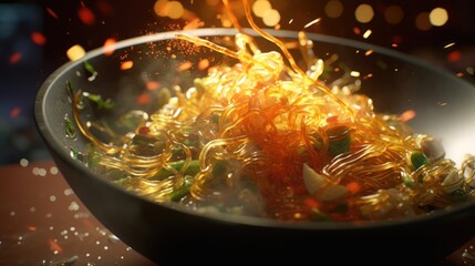 Experience the sizzling energy and vibrant flavors of a meal coming to life in a fiery wok.