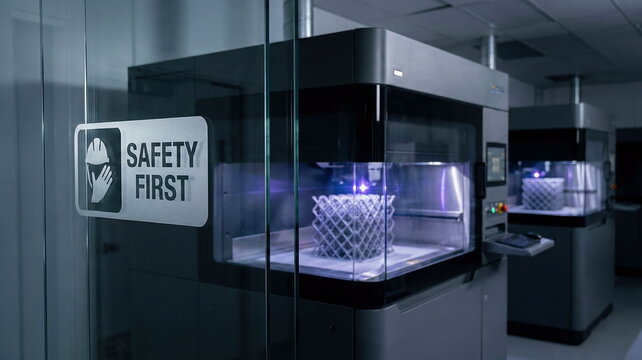 Advanced 3D printing machine using laser technology to create a complex metal lattice structure in a modern industrial setting with a "SAFETY FIRST" sign.