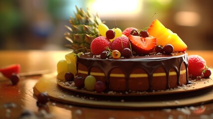 A vibrant symphony of rich chocolate and fresh, juicy fruits creates an irresistible dessert masterpiece.