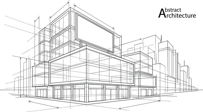 Abstract black and white vector architecture sketch of a modern commercial building corner with technical dimension lines