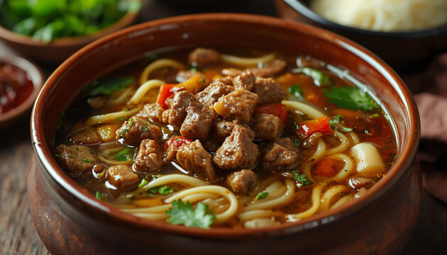 Uzbek lagman noodle soup with beef and vegetables in deep ceramic bowl, rich broth texture, authentic regional cuisine setting, realistic lighting