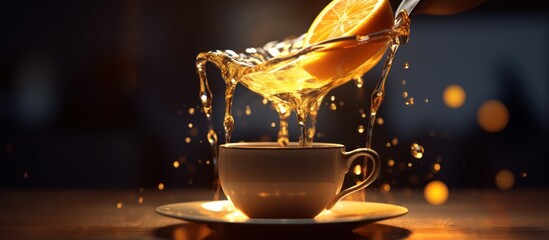 Experience the invigorating cascade of golden citrus essence into a waiting cup.