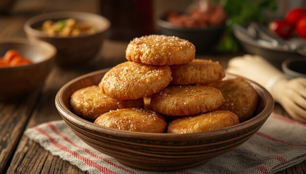 A delicious Kazakh baursak fried dough pieces presented in a warm and inviting traditional setting
