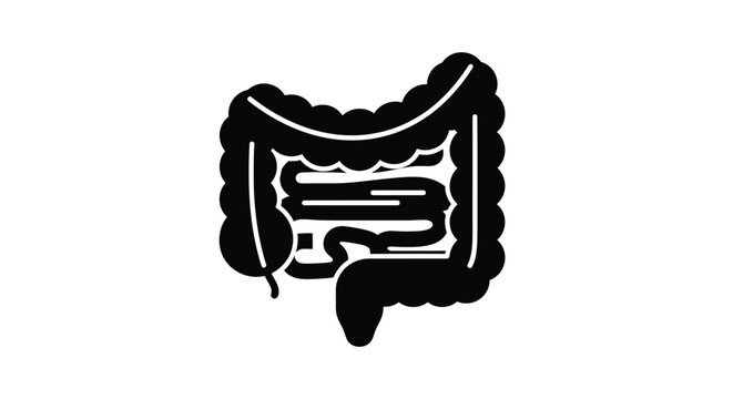 Simple black and white graphic icon representing the human large and small intestines with internal detail for medical concepts.