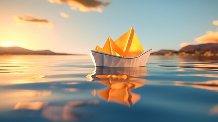A tiny paper boat sails into a majestic golden hour, reflecting dreams on tranquil waters.