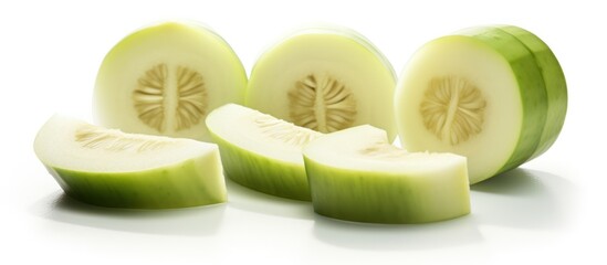 Freshly sliced and beautifully presented, this vibrant green melon offers a refreshing taste of natural goodness.