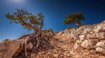 Gnarled tree roots emerging from dry, rocky soil on a bright, clear day with blue sky