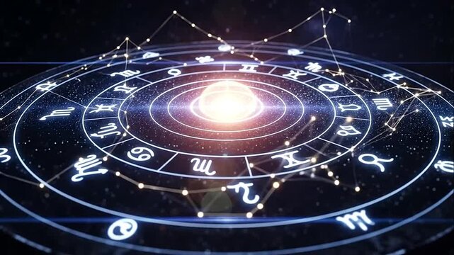 Astrology zodiac wheel with glowing constellations and symbols.