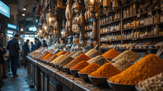 bazaar in istanbul with a wide view of spices on the counter. ai generative