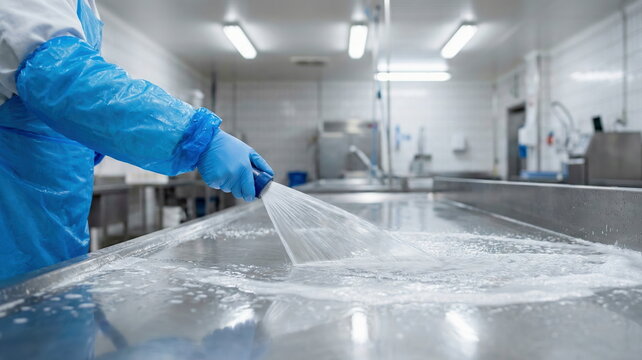 Worker in blue protective gear sprays water on a stainless steel surface in a food processing factory for hygiene and sanitation.