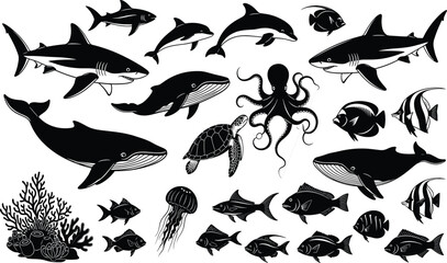 Large set of black marine animal silhouettes including sharks whales dolphins octopus sea turtle jellyfish and tropical fish isolated on white © Moshraful