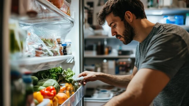 Man looking for food in a refrigerator full of fresh produce.