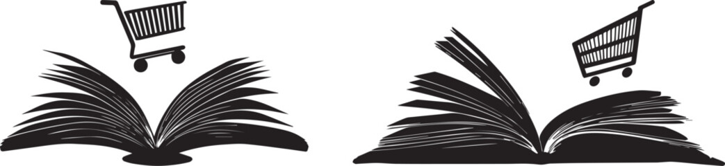 Silhouette of an open book with a Shopping Cart flying out of its pages, clean vector. Set of 2 book with shopping cart icons vector © Nazia