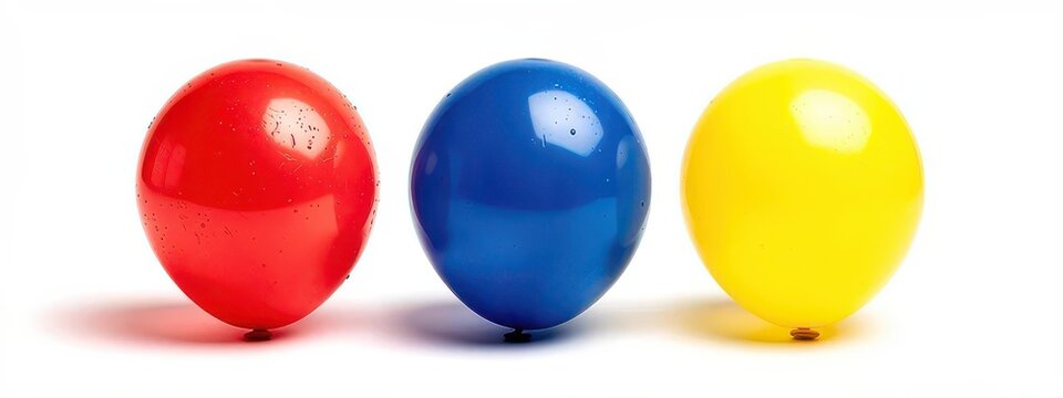 Three colorful balloons in red blue and yellow on light background, minimalist composition illustrating primary colors concept with soft shadow and clean studio lighting