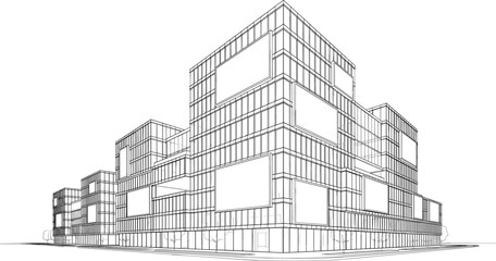 Fototapeta premium Professional black vector architecture illustration of modular commercial glass building with blank advertising signage and corner perspective