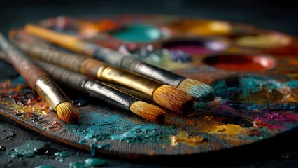 Obraz premium Artist Paint Brushes on Colorful Palette, Creative Art Studio Scene