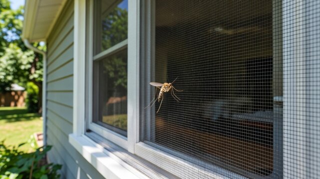 Mosquito resting on a window screen, attempting to enter a residential home and causing annoyance during summer