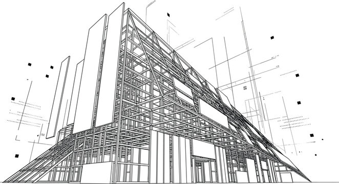 Professional black vector architecture wireframe of modern building structural framework, construction scaffolding, and engineering design blueprint