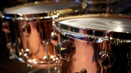 Naklejka premium kettledrums. A pair of polished copper kettledrums with taut drumheads gleaming under focused stage lighting. product launch decks.