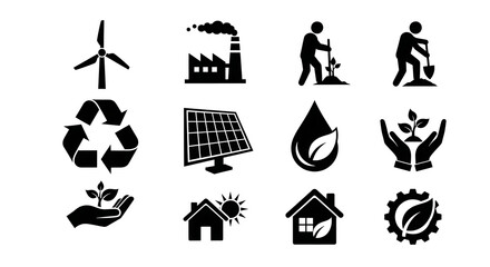 Obraz premium Sustainable energy and eco-friendly practices icons collection for environmental awareness.