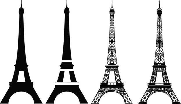 Set of Eiffel Tower silhouettes in different styles including solid black shapes and detailed lattice architecture line art icons for Paris