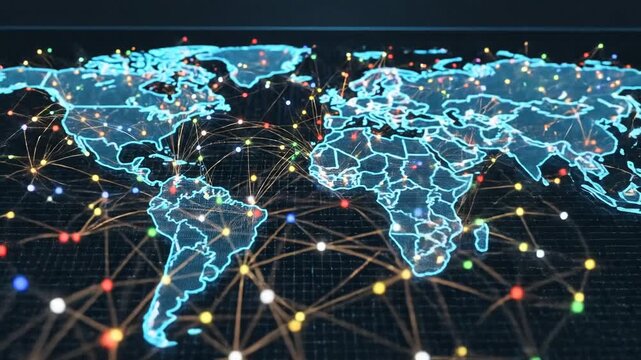Global network connections visualized on a digital world map with glowing nodes and lines representing data flow and communication across continents.