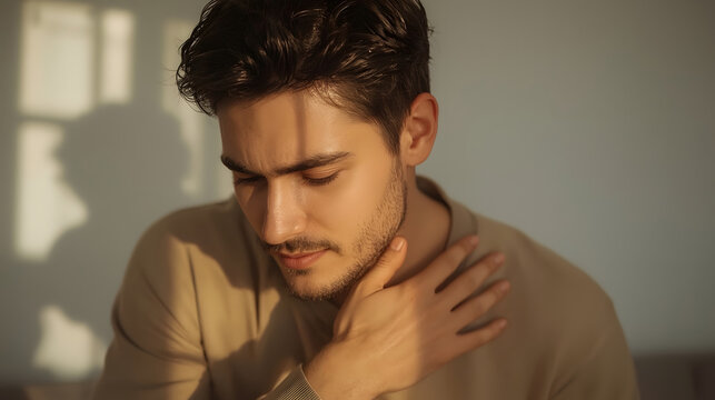 Handsome man in a beige sweater touching his neck. Warm morning sunlight.
