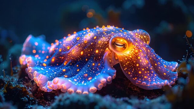 A bioluminescent octopus with a vibrant display of colors on a dark ocean floor