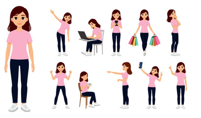 Obraz premium Flat design cartoon character set of young woman in various poses