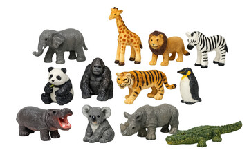 Fototapeta premium Collection of wild animal toy figurines standing, transparent background