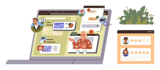 Digital communication, virtual meetings, remote work, online collaboration, feedback systems, social networking. Laptop screen displaying interconnected chats, graphs video call and reviews. Online