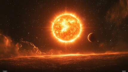 Obraz premium Fiery Sun and Distant Planet in Cosmic Nebula.