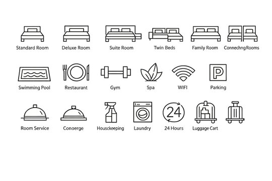 Hotel Amenities and Services Icons Set.